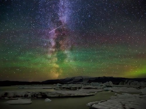 Milky Way , Aurora and a Meteor over Jokulsarlon Glacial Lagoon